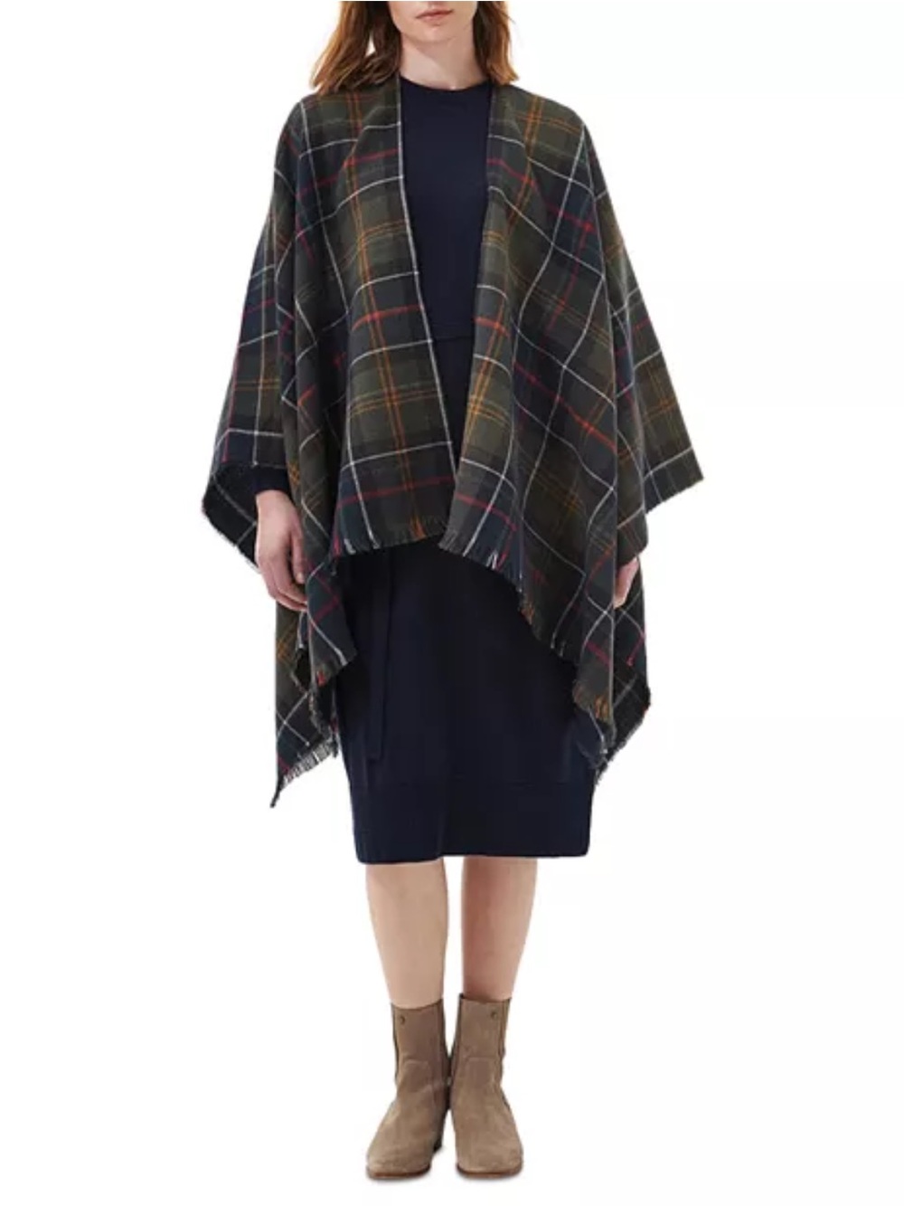 BARBOUR Montieth Flannel Plaid Tartan Serape Shawl Wrap OS Olive Green Navy